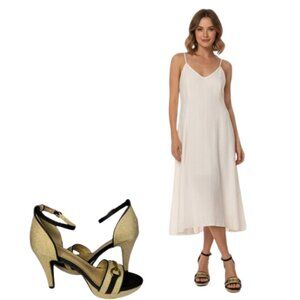 Stylish Apricot & Black High Heel Ankle Buckle Shoes | Size 7 1/2 | Chain Detail